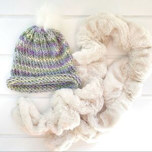 Hand Knit Pom Pom Winter Hat and Girls SO® Faux-Fur Twist Scarf